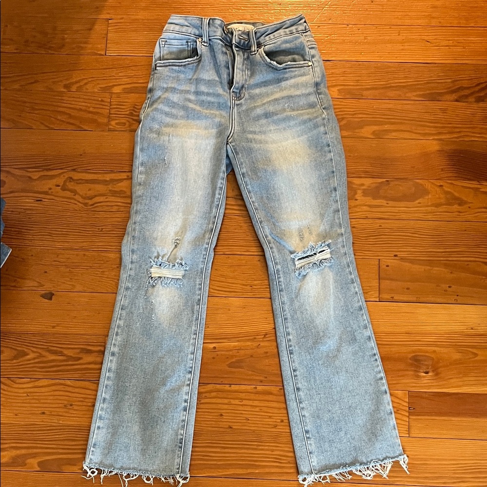 Light Blue Flare Jeans with Knee Distressing